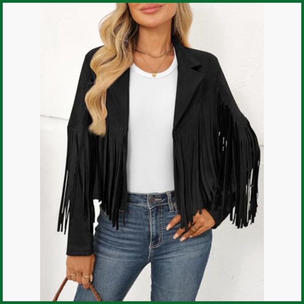 Faux Suede Leather Cropped Fringe Jacket Western Biker Style - Picture 2 of 6